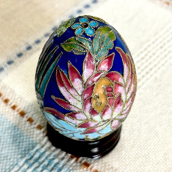 Vintage Cloisonné Enamel Egg with Floral Design on Wood Stand – 3” Tall - Picture 8 of 9